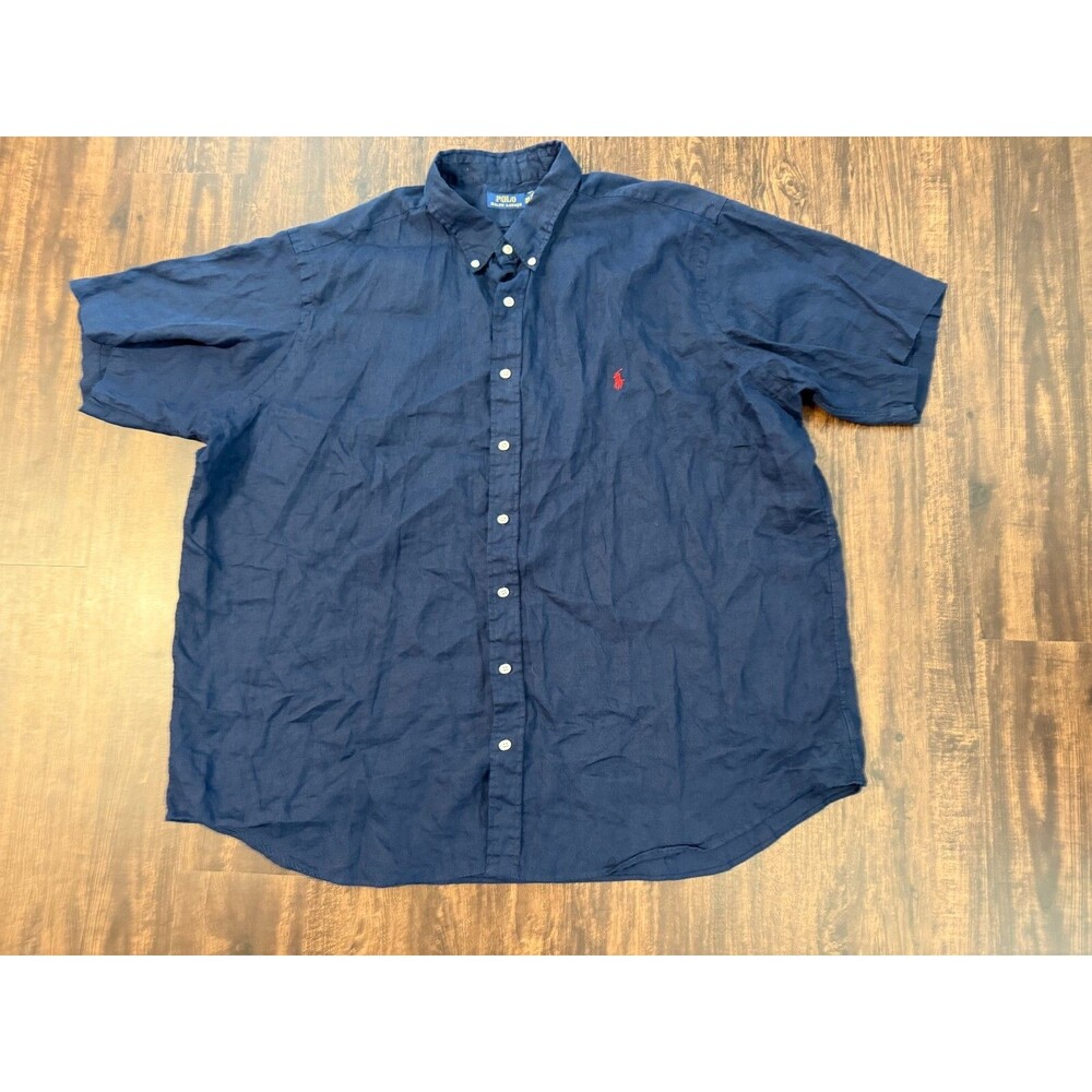 Polo Ralph Lauren Camp Shirt Mens 3XB Navy Linen Blend Loop Collar Short Sleeve